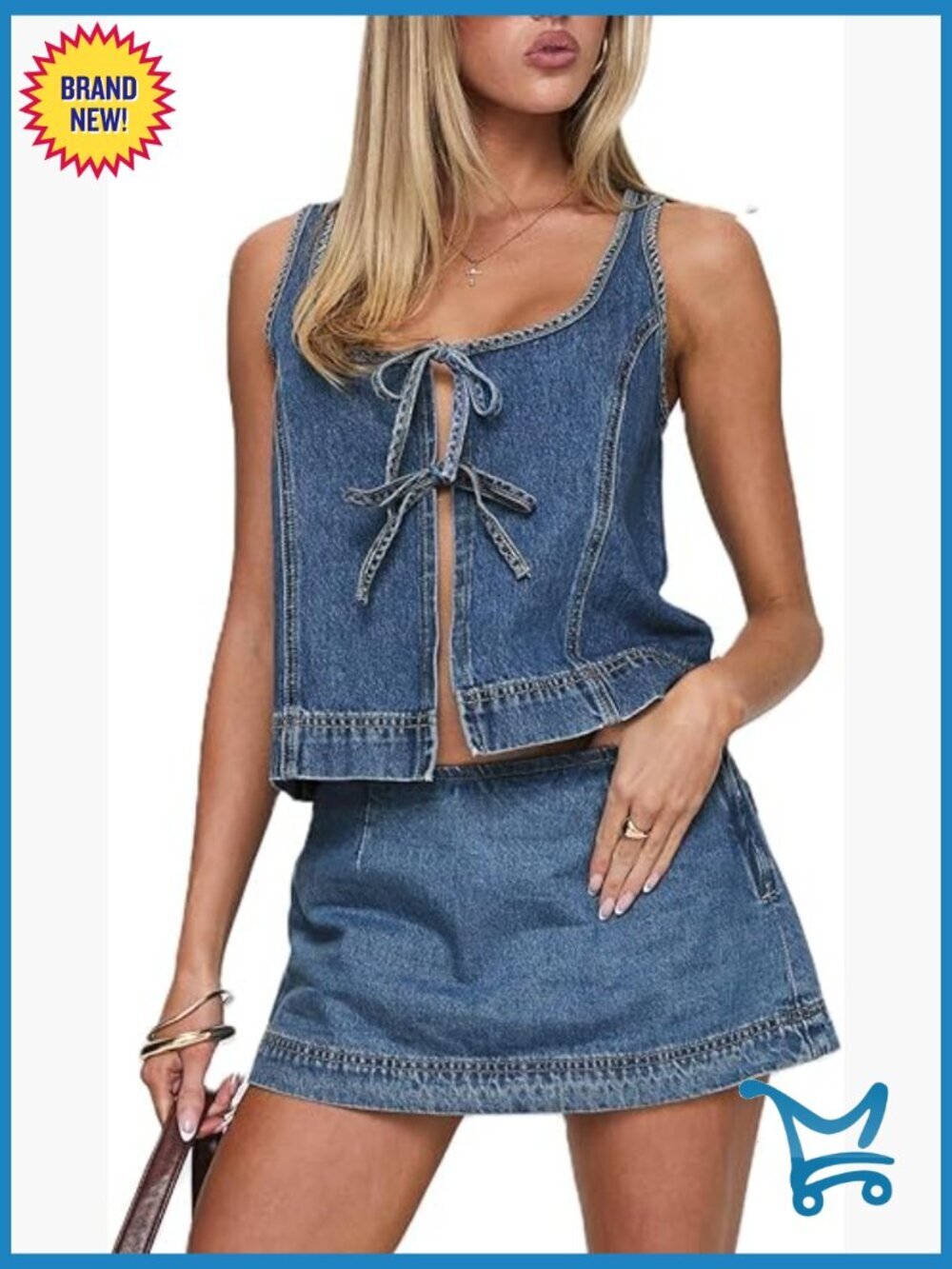 Tie Front Denim Jean Vest Top and Mini Skirt 2-Piece Set Summer Trendy Going
